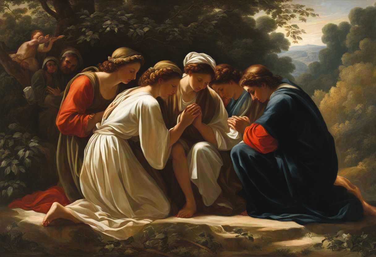 People-in-a-circle-heads-bowed-hands-clasped-sunlight-filtering-through-trees-peaceful-unity_bnav