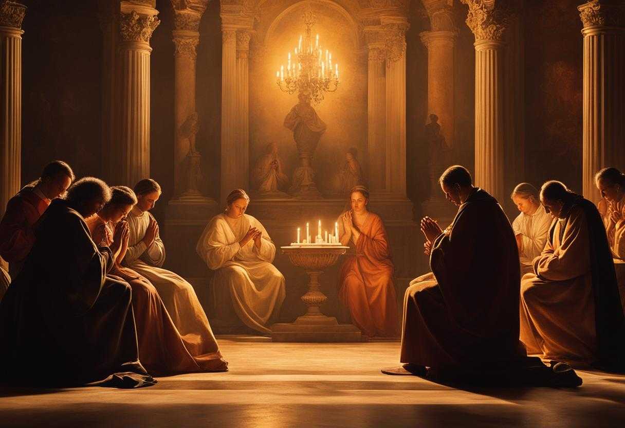 family-praying-together-gathered-in-a-circle-heads-bowed-in-prayer-silhouettes-illuminated-by-can_rqrz