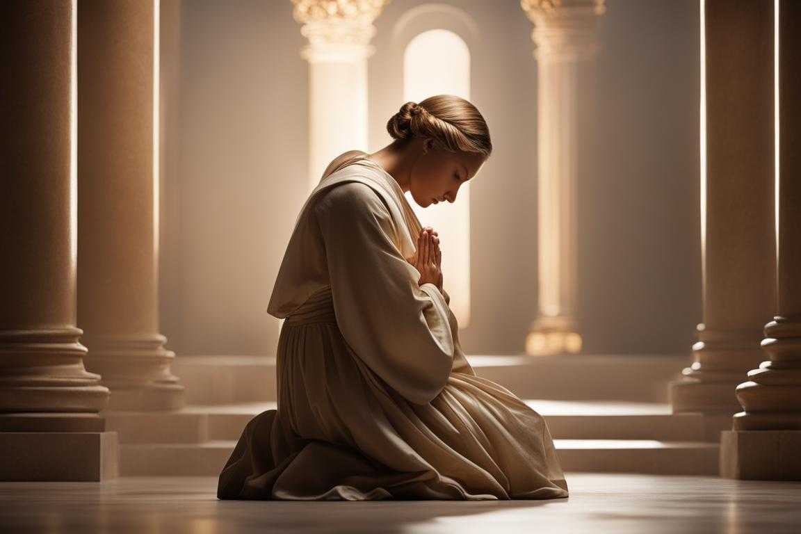 person-praying-kneeling-hands-clasped-head-bowed-soft-light-serene-atmosphere-peaceful-sincer