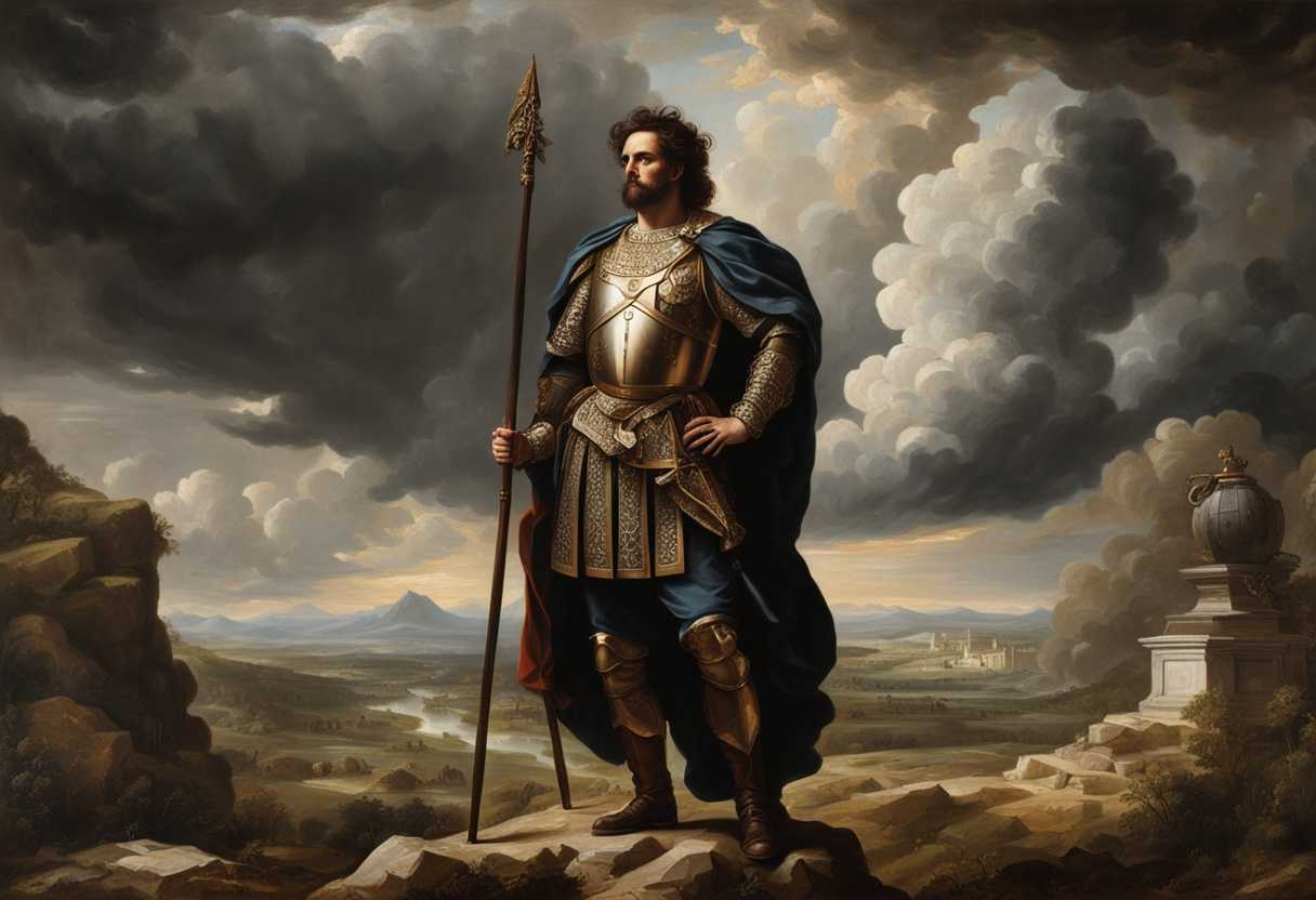 A-wise-warrior-standing-tall-contemplating-a-stormy-battlefield-surrounded-by-ancient-scrolls-and-_vuqx