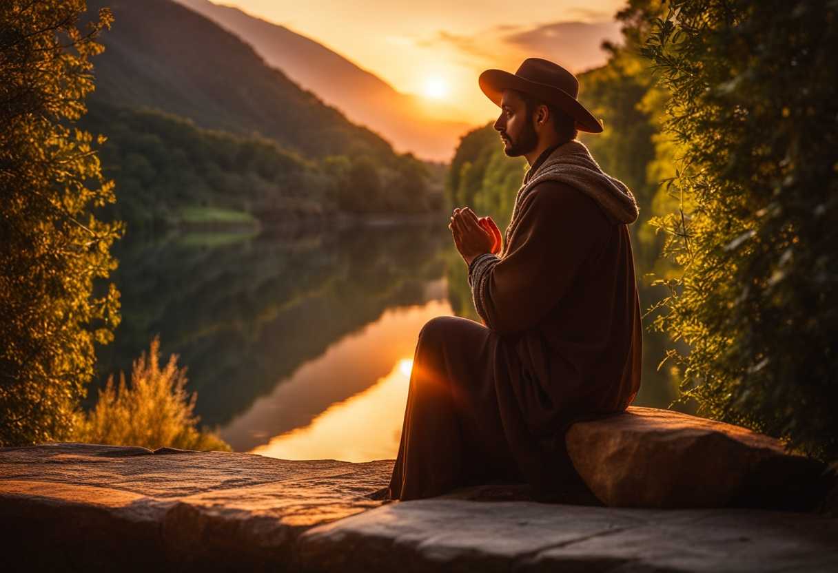A-serene-traveler-praying-at-sunset-surrounded-by-nature-peaceful-ambiance-warm-colors-reflectiv_kuyx