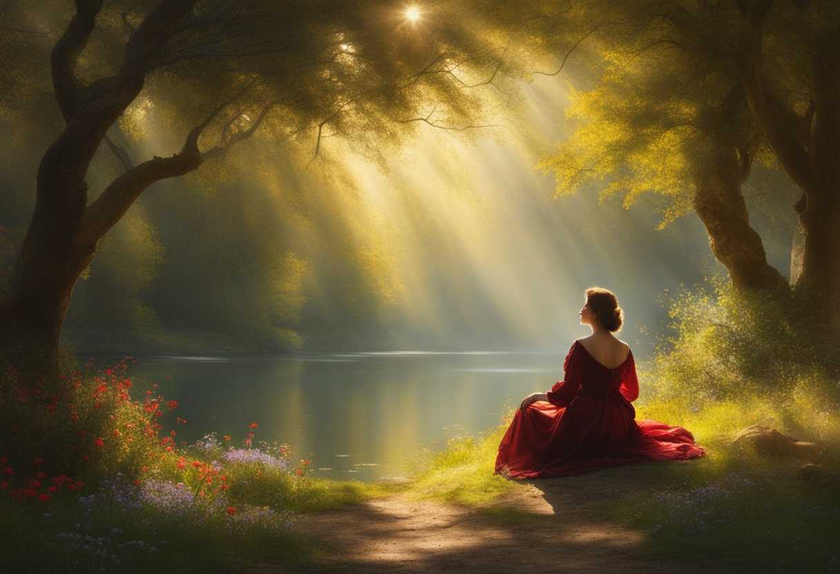 Serene-landscape-gentle-sunlight-filtering-through-trees-a-person-reflecting-surrounded-by-small-_bimq