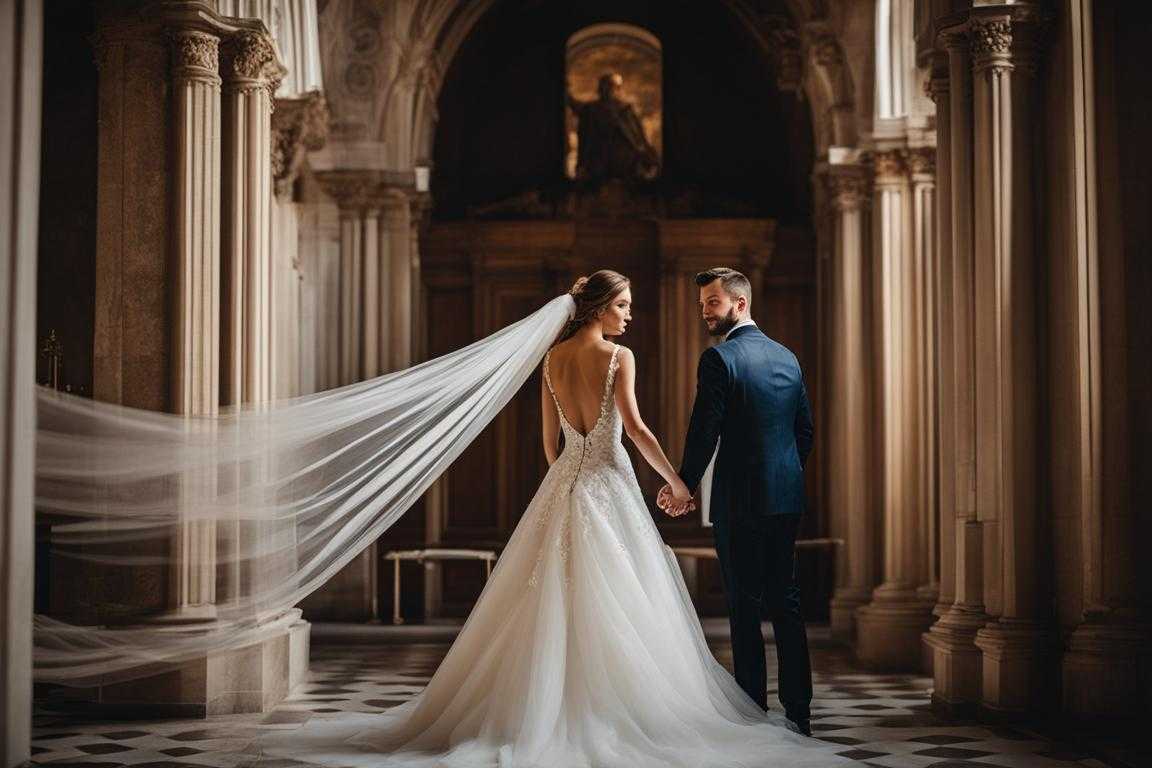 couple-exchanging-tender-glances-bride's-veil-fluttering-in-the-breeze-groom-holding-bride's-hand-