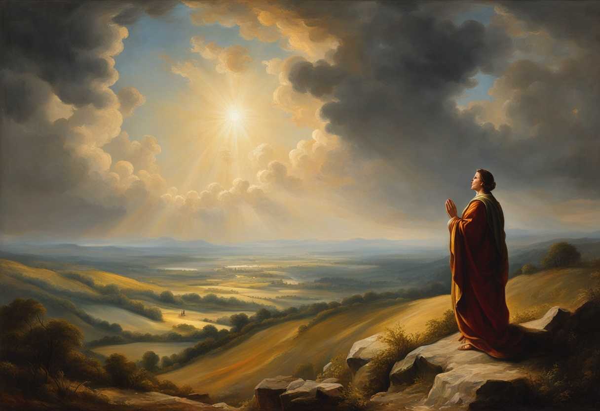 Serene-landscape-sunlight-breaking-through-clouds-peaceful-figure-in-prayer-hopeful-expression-v_xntz