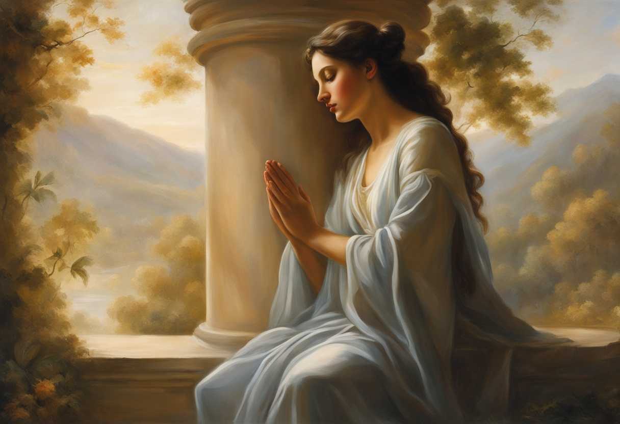 Serene-figure-in-prayer-soft-light-surrounded-by-gentle-nature-embodying-grace-and-mercy-hopeful_bwdx