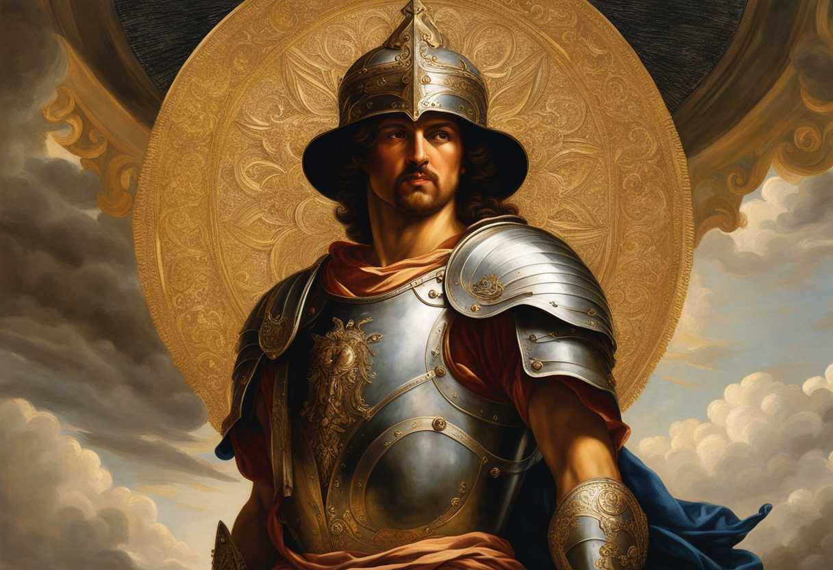 Warrior-donning-a-radiant-helmet-symbolizing-salvation-amidst-a-backdrop-of-divine-light_nych
