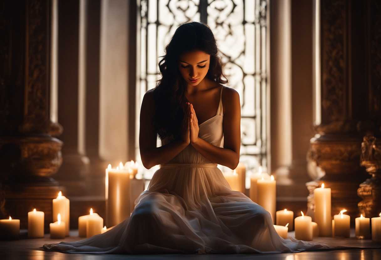 Person-kneeling-in-prayer-candlelight-flickering-serene-atmosphere-soft-glow-hopeful-expression-_ulgu