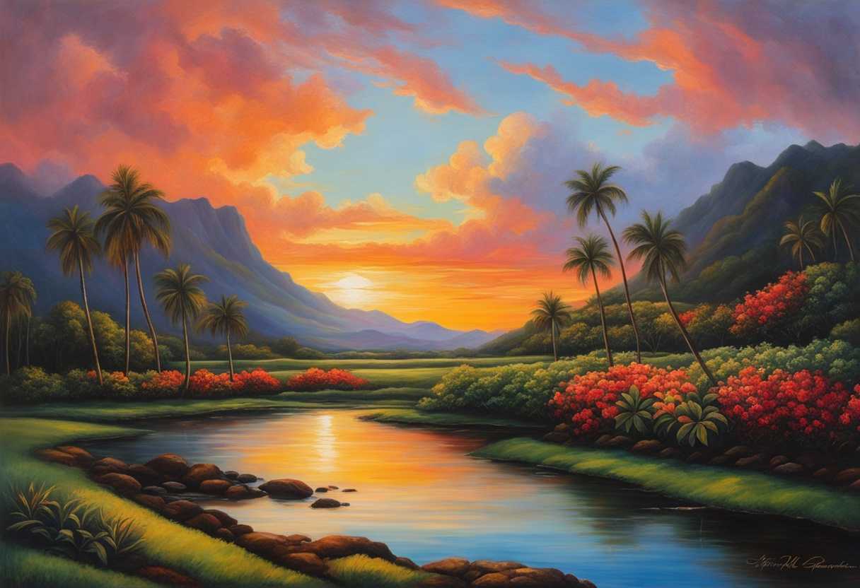 Hawaiian-landscape-serene-sunset-individuals-practicing-Ho-oponopono-peaceful-expressions-vibran_hswg