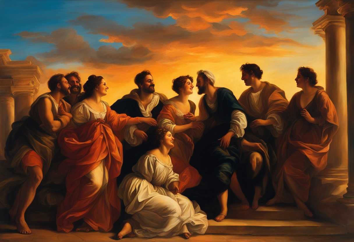 Joyful-friends-gathered-around-sharing-laughter-and-love-under-a-vibrant-sunset-warm-atmosphere_imoo