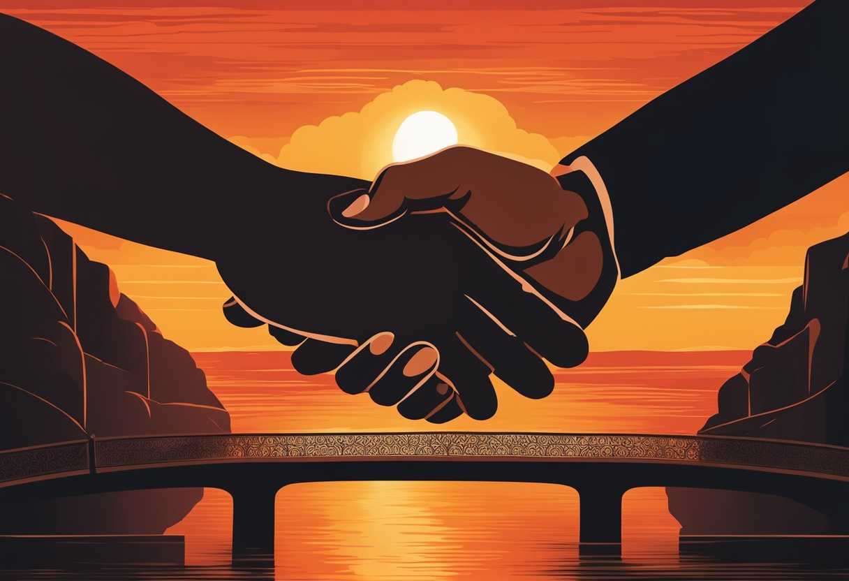 Two-diverse-hands-clasping-over-a-bridge-symbolizing-unity-and-trust-vibrant-sunset-backdrop_qmwl