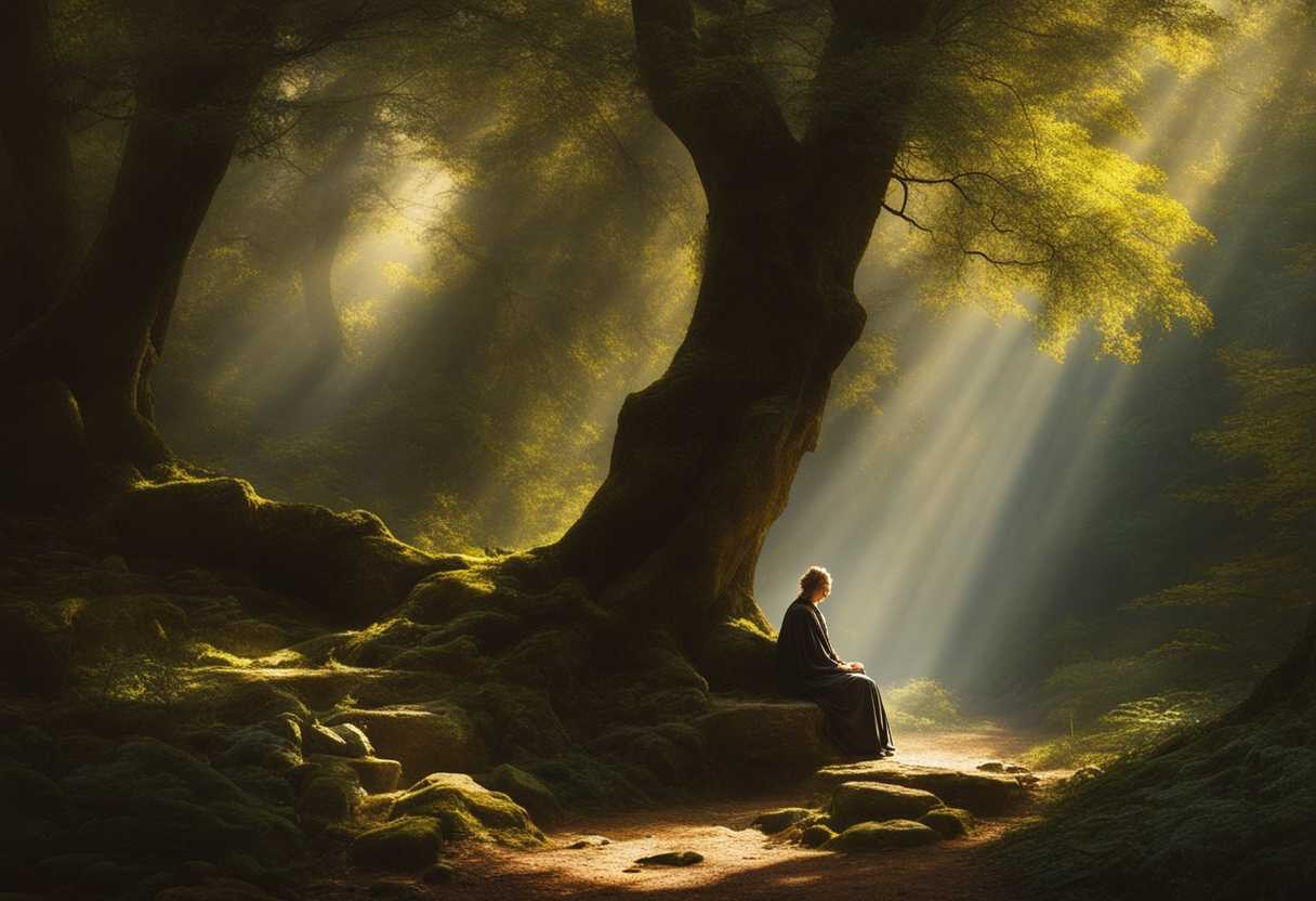 Person-praying-in-a-serene-forest-sunlight-filtering-through-trees-peaceful-expression-deep-conte_nfdf