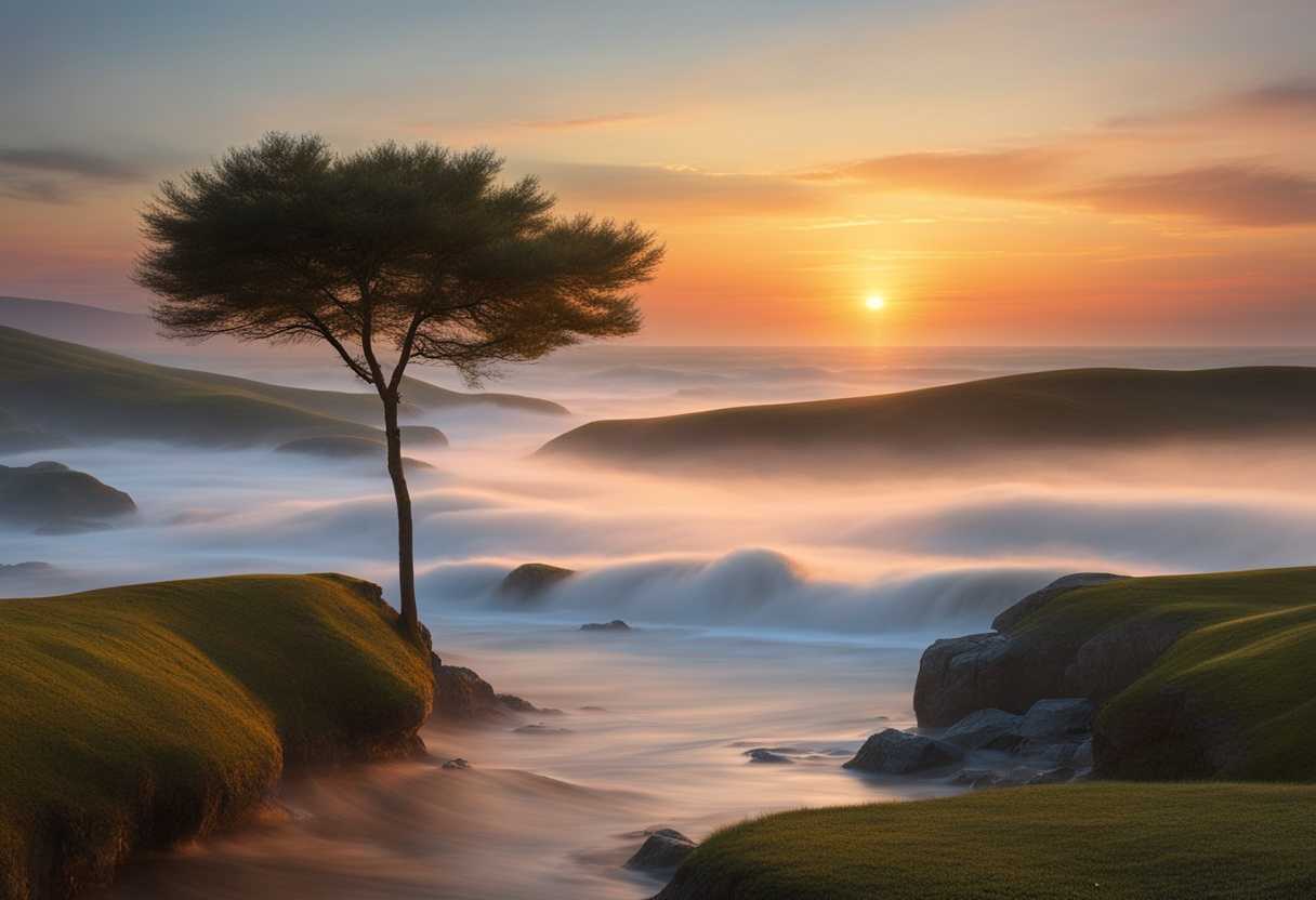 Serene-landscape-at-dawn-gentle-waves-lapping-soft-light-peaceful-meditation-tranquil-atmosphere_uwvo