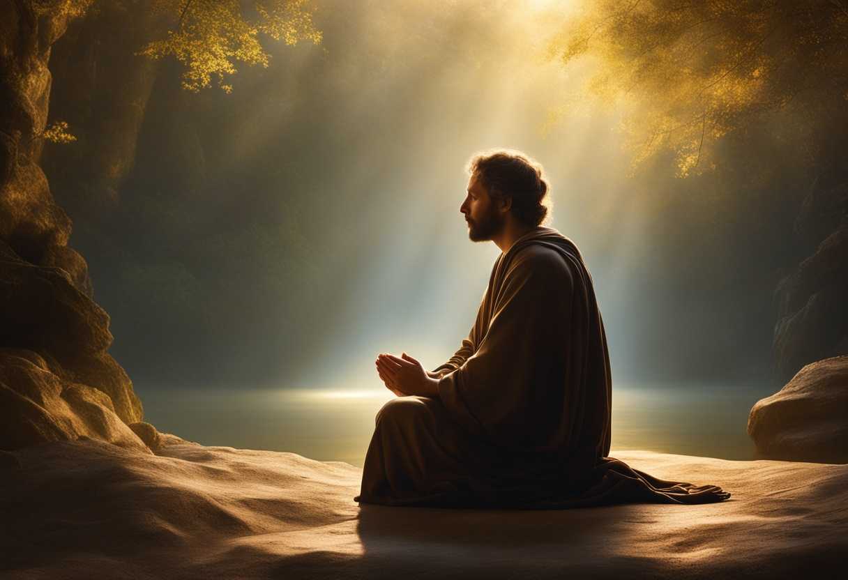 Serene-figure-in-prayer-surrounded-by-glowing-light-peaceful-atmosphere-nature-backdrop-tranquil_dywo
