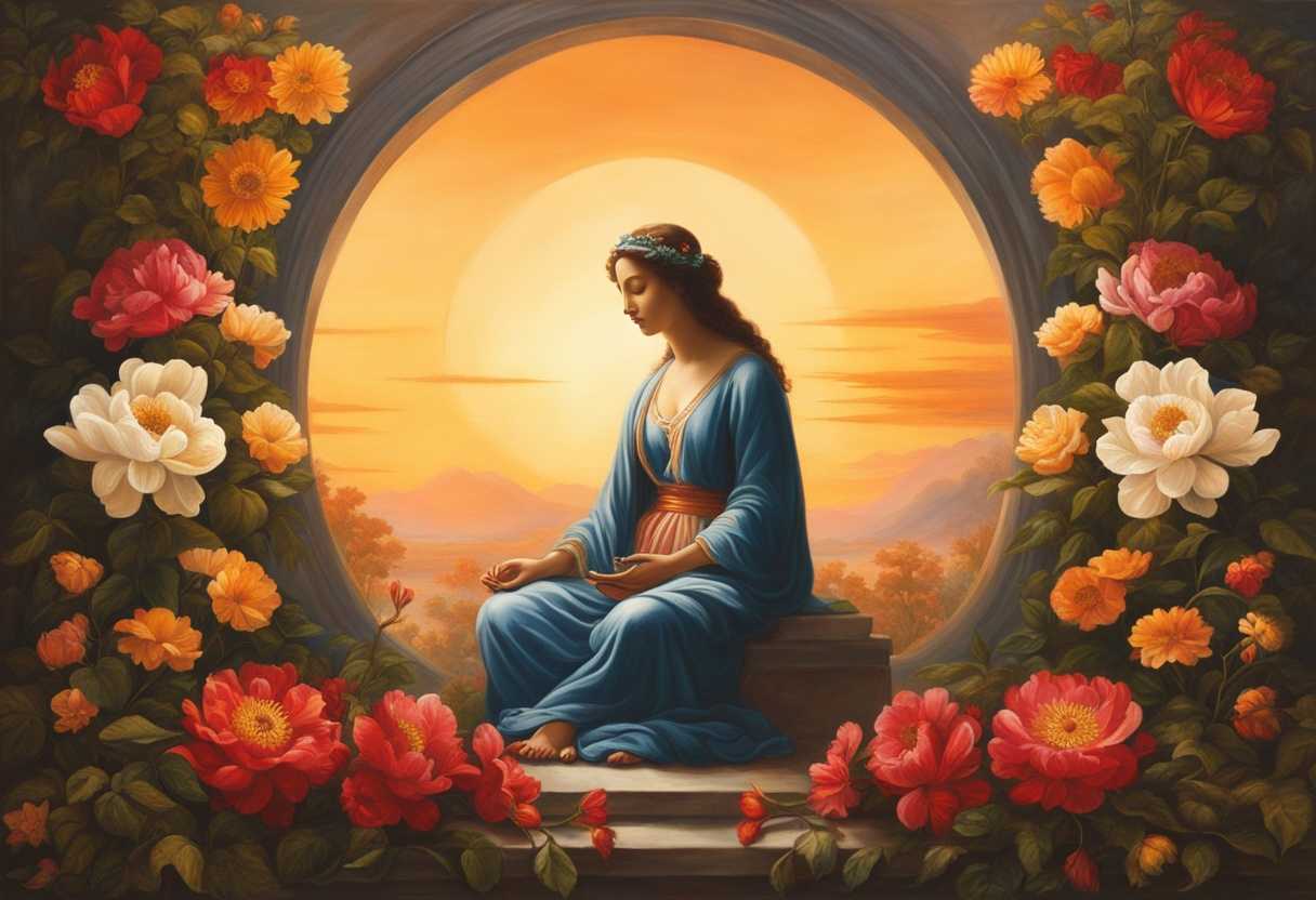 Serene-figure-meditating-under-a-radiant-sunrise-surrounded-by-blooming-flowers-exuding-tranquilit_krvv