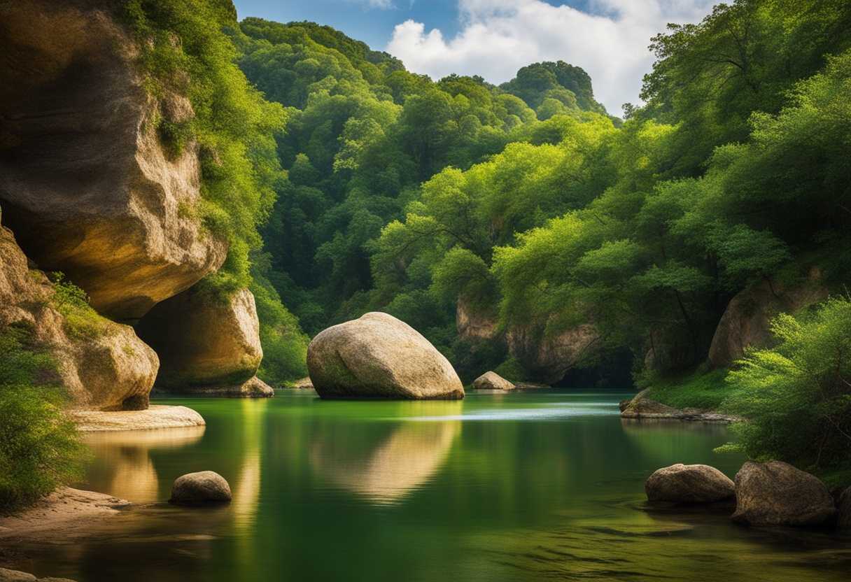 Serene-landscape-with-a-balanced-rock-formation-tranquil-water-and-lush-greenery-harmonious-peac_okre