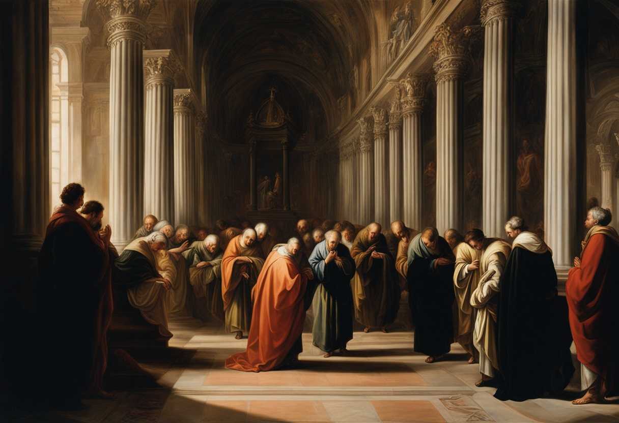 People-in-a-church-heads-bowed-hands-clasped-bathed-in-soft-light-united-in-prayer_hlke