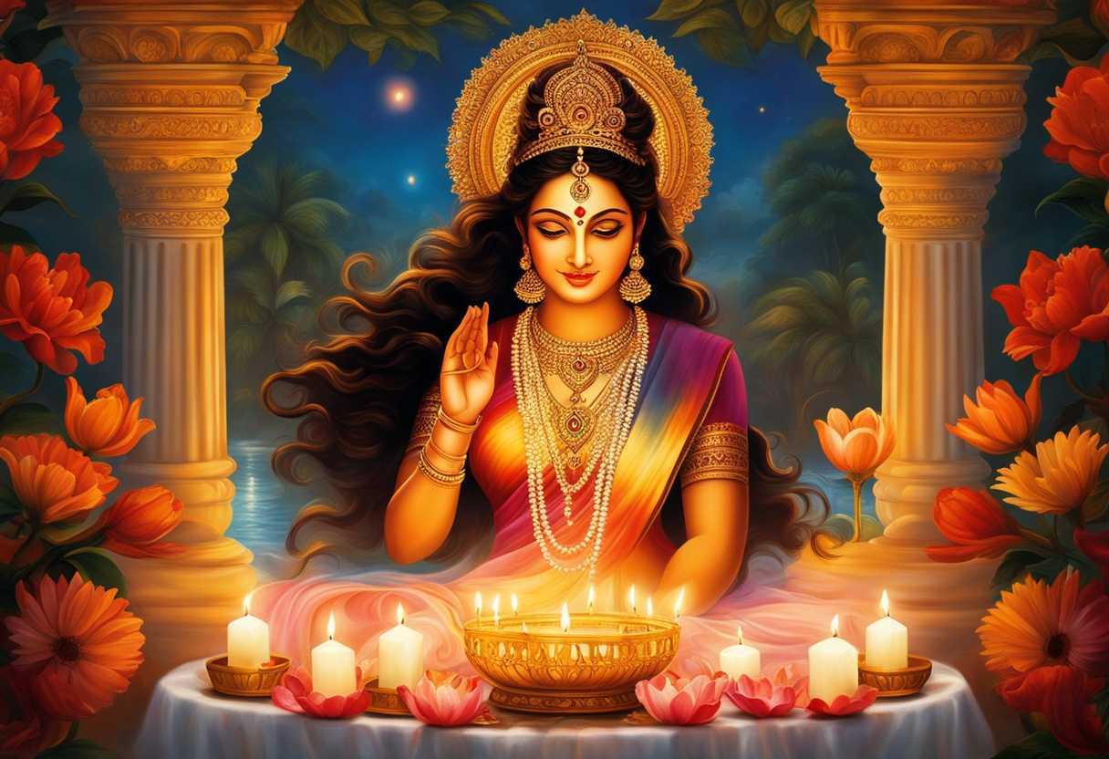 Radiant-goddess-Laxmi-surrounded-by-glowing-candles-vibrant-flowers-serene-atmosphere-spiritual-w_moge
