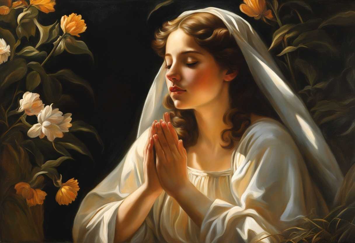 A-serene-girl-prays-in-a-sunlit-garden-eyes-closed-hands-clasped-connecting-with-the-divine_ofzu