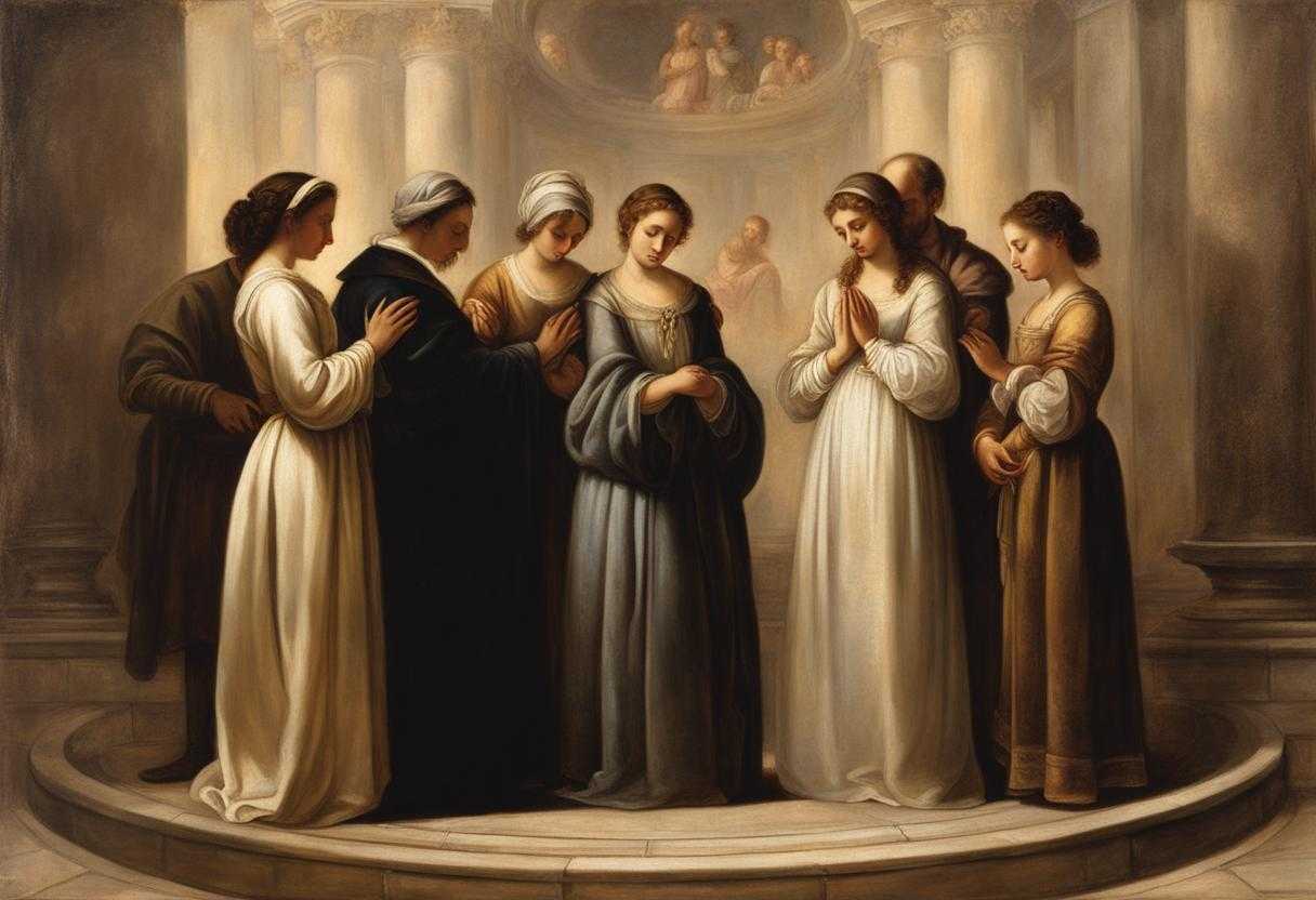 family-standing-in-a-circle-heads-bowed-in-prayer-warm-glow-of-candlelight-serene-and-intimate-at