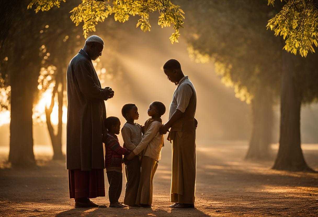 A-family-father-and-children-The-father-stands-tall-his-children-by-his-side-heads-bowed-in-pray_gqca