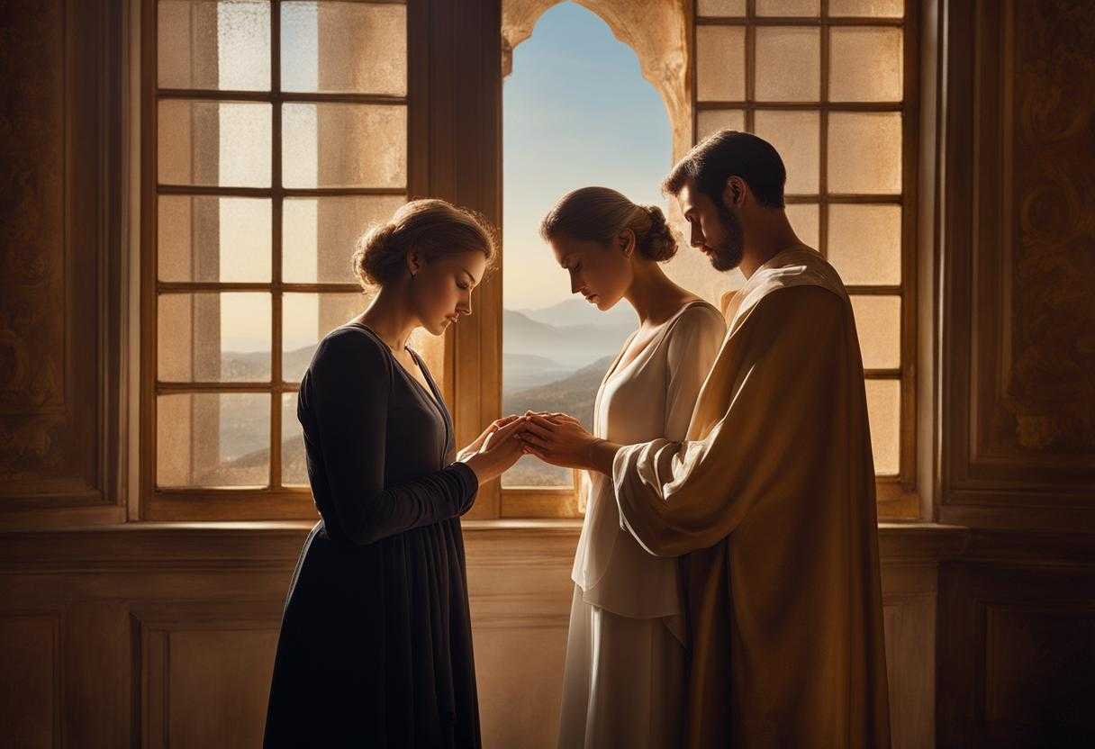 couple-standing-close-together-heads-bowed-in-prayer-soft-light-filtering-through-window-warm-glo_bmsw