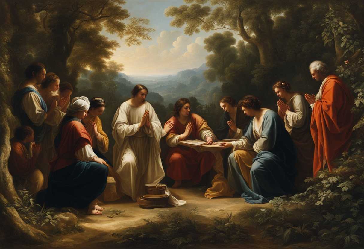 A-diverse-group-of-individuals-pray-together-in-a-tranquil-forest-embodying-unity-and-resilience_vlqc
