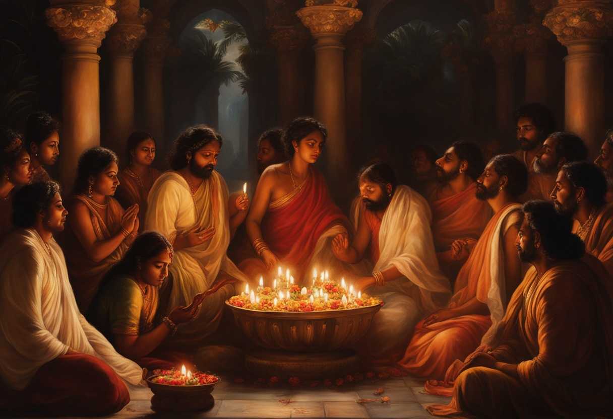 Devotees-chanting-Narasimha-prayer-surrounded-by-candles-vibrant-flowers-serene-atmosphere-deep-_nywd
