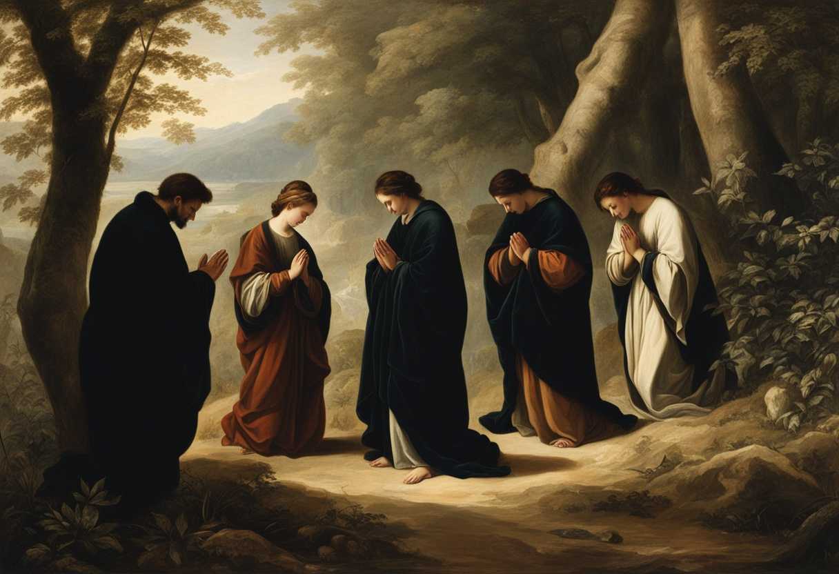 People-praying-in-a-peaceful-forest-clearing-heads-bowed-hands-clasped-united-in-faith_cxrr