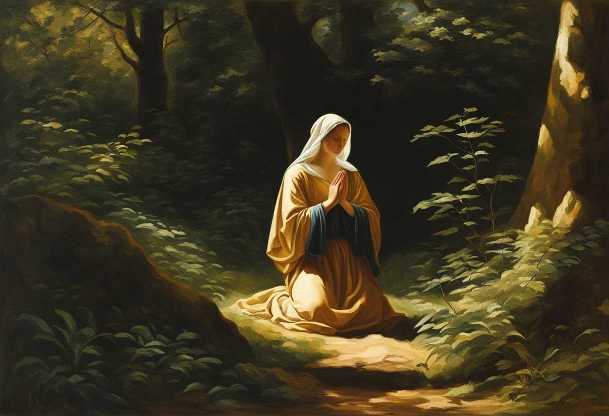A-serene-figure-praying-in-a-sunlit-forest-surrounded-by-vibrant-greenery-peaceful-expression_rqka
