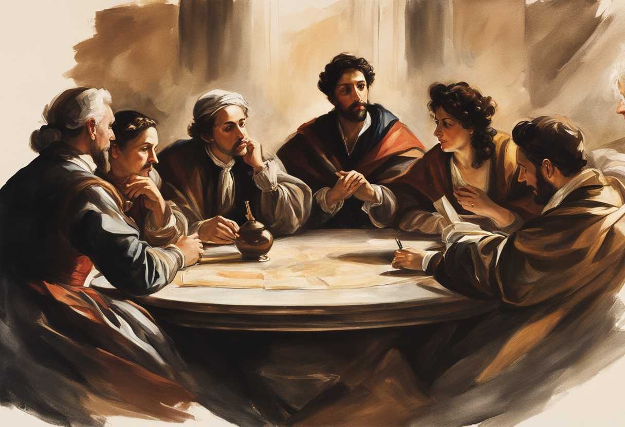 A-group-of-diverse-people-brainstorming-around-a-table-illuminated-by-warm-light-focused-expressio_tvan