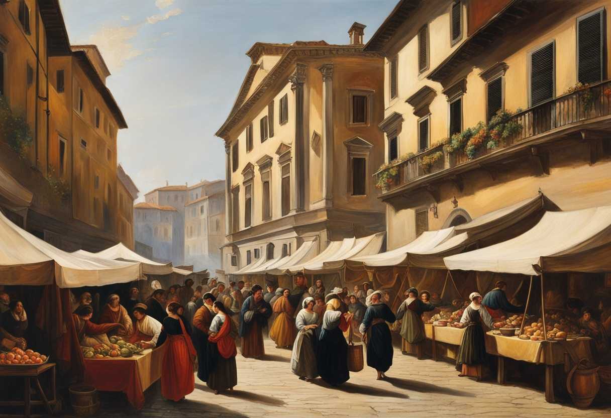 A-bustling-marketplace-filled-with-vibrant-stalls-hopeful-vendors-and-eager-customers-exchanging-i_vcsx