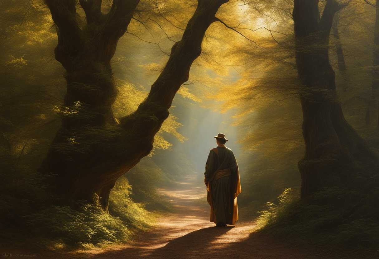 A-serene-figure-walking-through-a-sunlit-forest-seeking-wisdom-among-ancient-trees-peaceful-atmosp_jukj