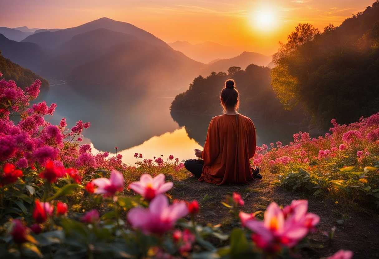 Serene-landscape-at-sunrise-person-meditating-surrounded-by-blooming-flowers-peaceful-reflective_orgq