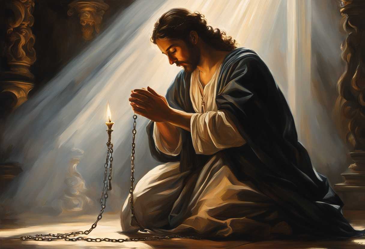 A-person-kneeling-in-prayer-surrounded-by-light-breaking-chains-serene-expression-hopeful-atmosp_jbvj