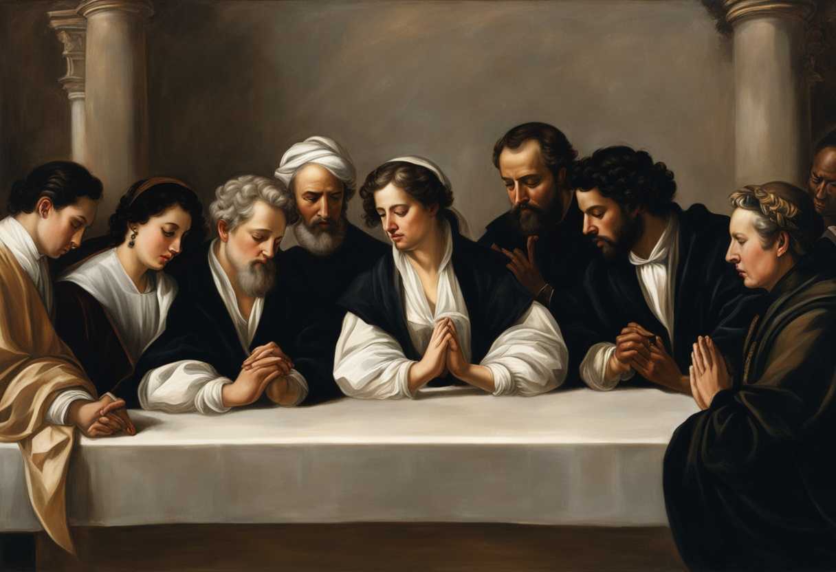 A-diverse-group-of-individuals-in-classic-attire-praying-in-unity-with-serene-devotion_ceiz
