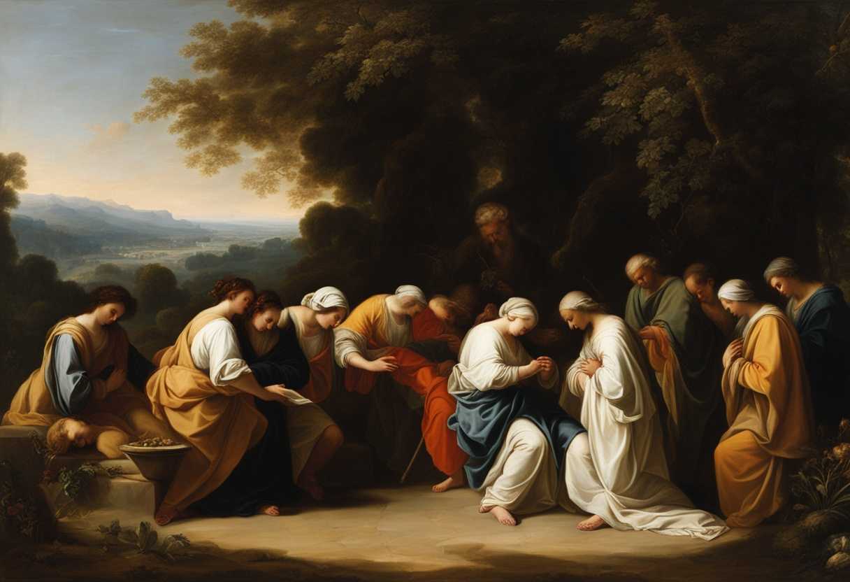 A-serene-gathering-in-nature-people-praying-with-bowed-heads-in-soft-morning-light_dezz