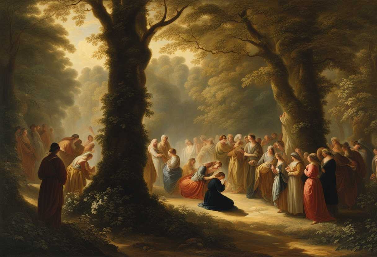 People-gather-in-a-tranquil-forest-clearing-eyes-closed-in-prayer-bathed-in-sunlight_csdo