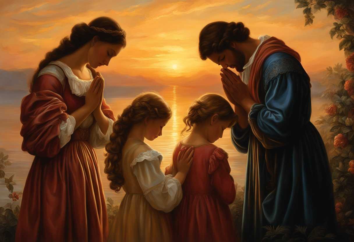 Family-gathers-at-sunset-heads-bowed-in-prayer-hands-clasped-united-in-faith-and-love_ejbo