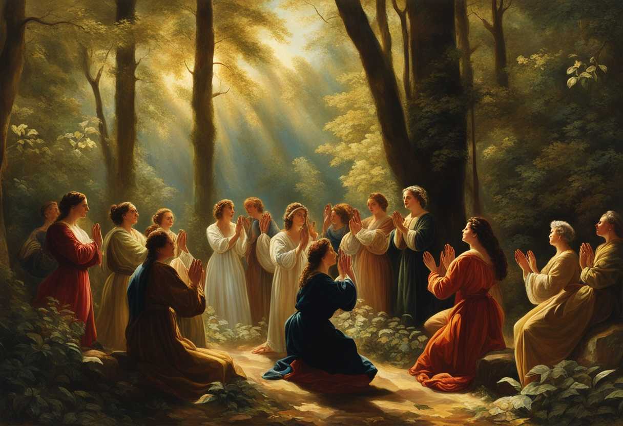 Grateful-individuals-in-a-sunlit-forest-hands-raised-in-prayer-surrounded-by-vibrant-greenery_fwkt
