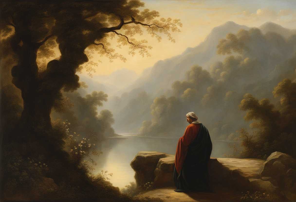 A-solitary-figure-in-soft-light-deep-in-contemplation-amidst-nature's-serene-embrace_ntfu