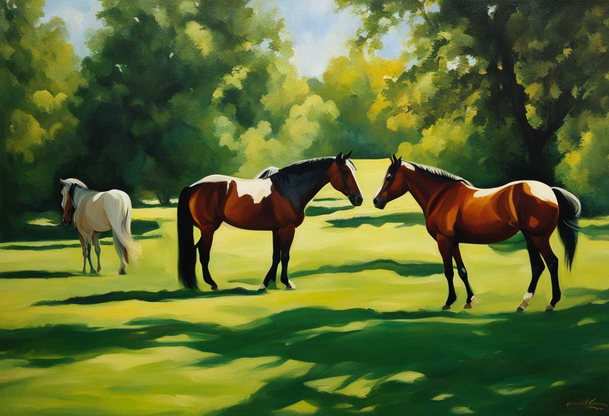 Horses-graze-peacefully-in-sunlit-pasture-surrounded-by-vibrant-greens-and-dancing-shadows_xlej