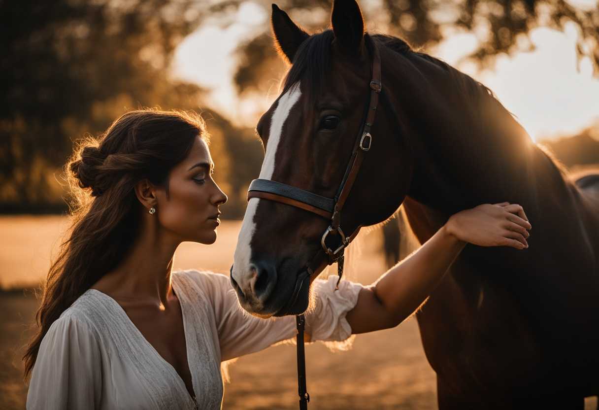A-horse-and-caretaker-share-a-serene-golden-hour-moment-embodying-trust-and-connection_ccoe