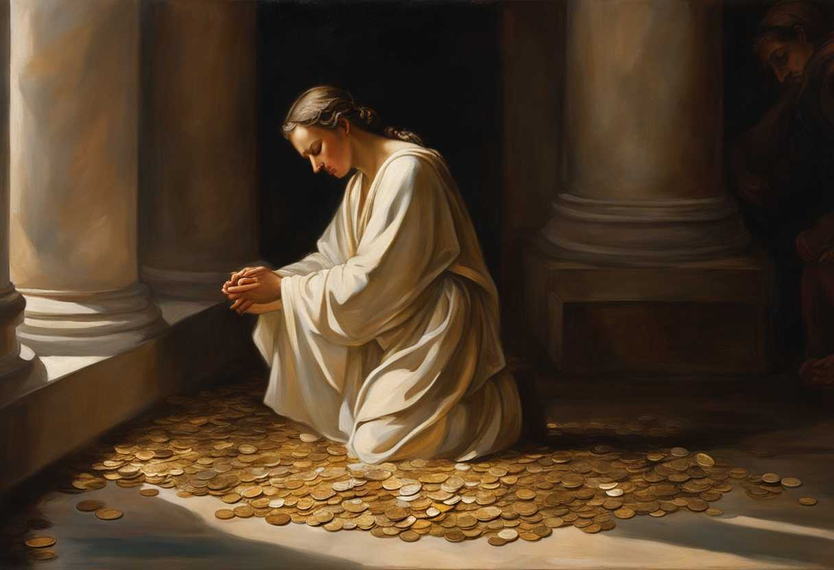 A-serene-figure-in-prayer-warm-light-filtering-coins-scattered-evoking-hope-and-reflection_hrms