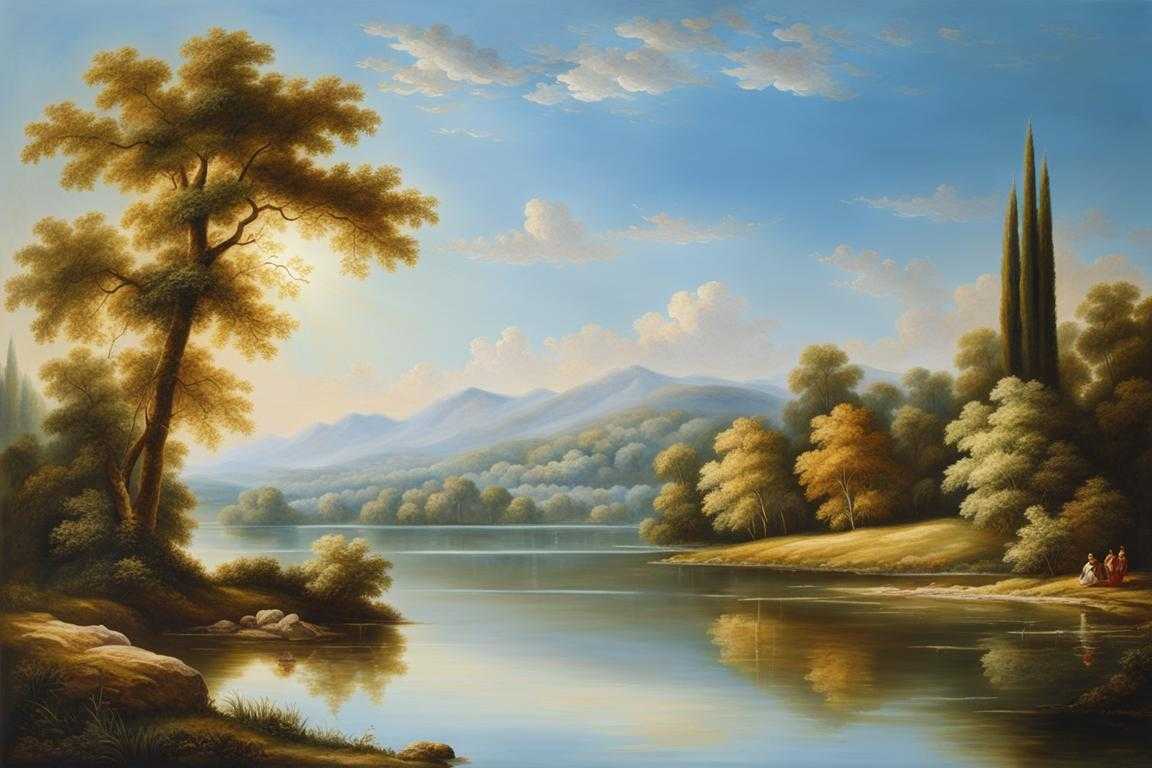A-serene-landscape-with-a-calm-lake-lush-greenery-and-a-clear-blue-sky-The-sunlight-reflects-off-t