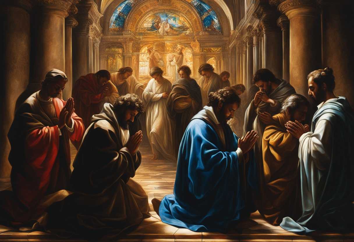 A-diverse-group-prays-together-heads-bowed-illuminated-by-soft-stained-glass-light_ebhl