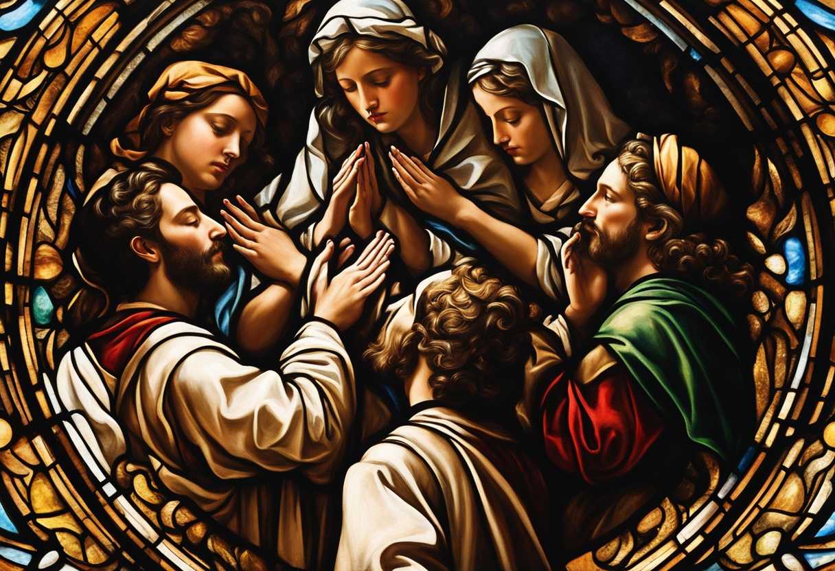 People-in-a-circle-heads-bowed-in-prayer-hands-clasped-light-through-stained-glass-serene-unity_isjk