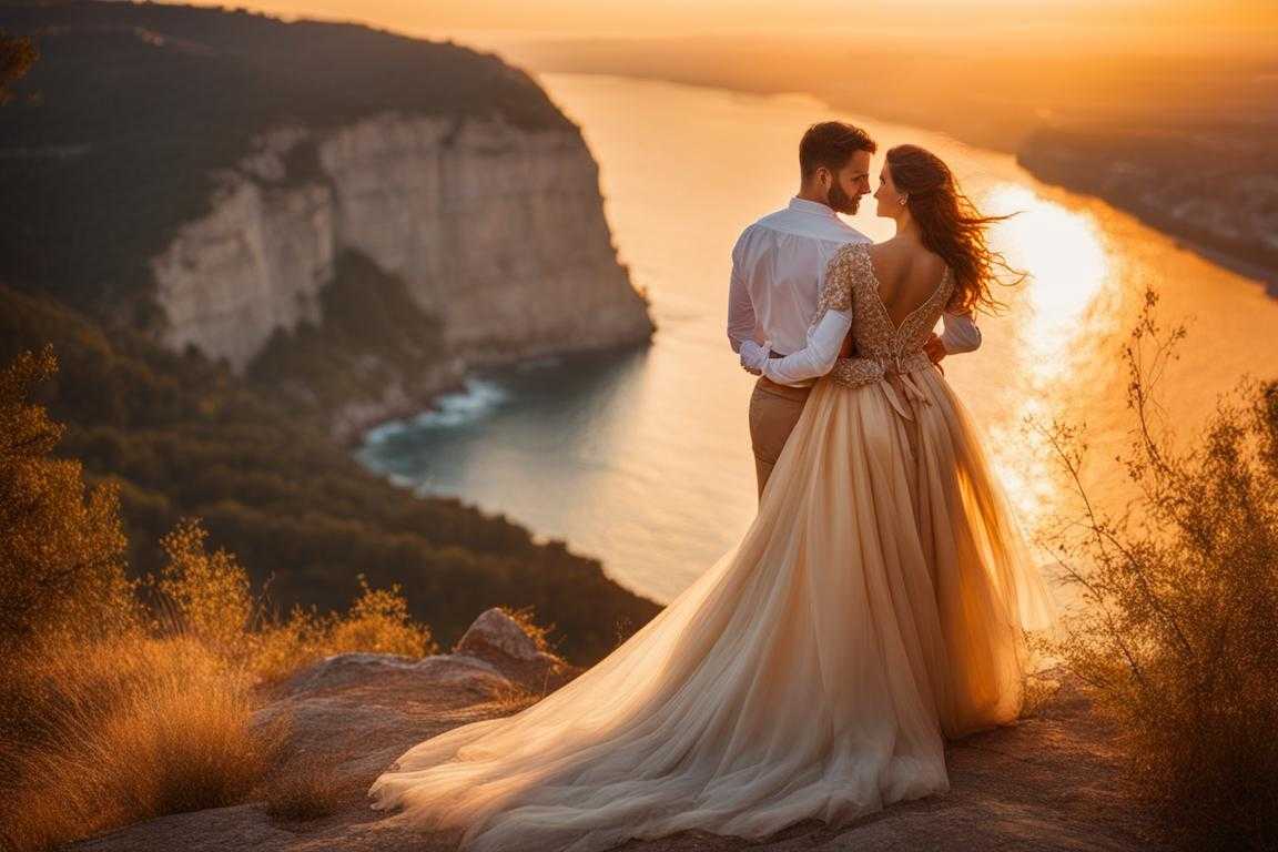 romantic-couple-on-cliff-at-sunset-flowing-dress-protective-arm-joy-and-contentment-golden-light