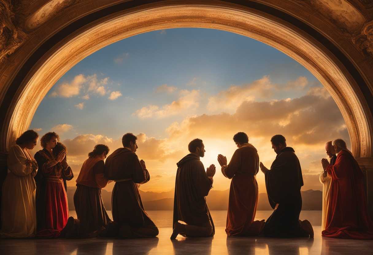 People-in-a-circle-heads-bowed-hands-clasped-bathed-in-warm-sunset-light-praying-together_qnip