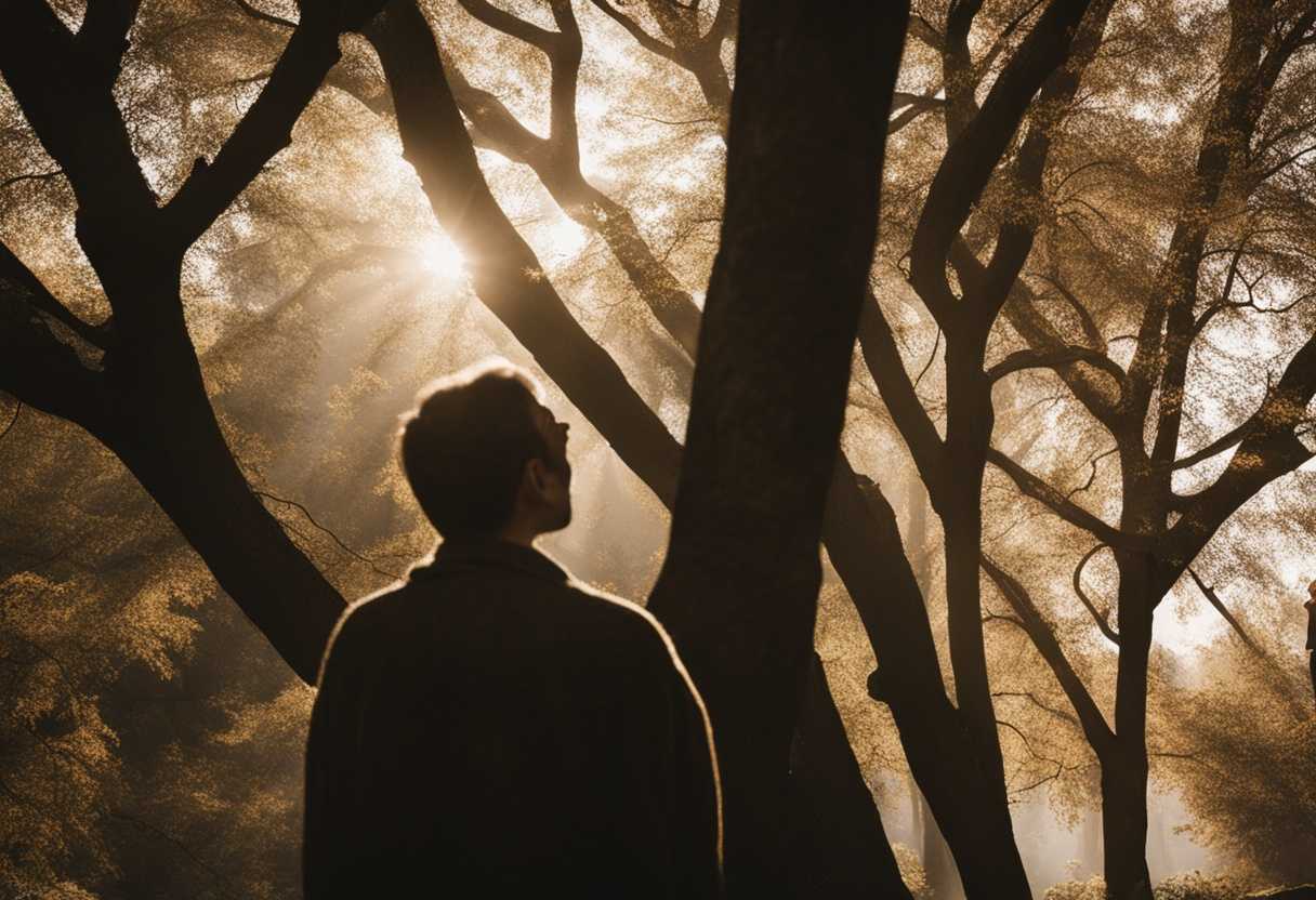 A-person-gazes-peacefully-through-sunlit-trees-lost-in-nostalgic-memories-of-their-father_dmdi