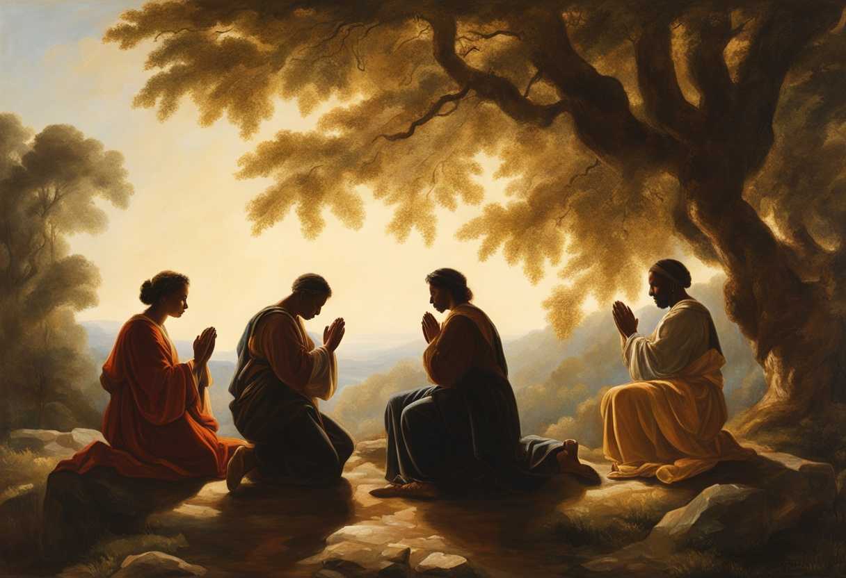 A-diverse-group-prays-together-under-sunlit-trees-hands-clasped-faces-uplifted-in-unity_gswc